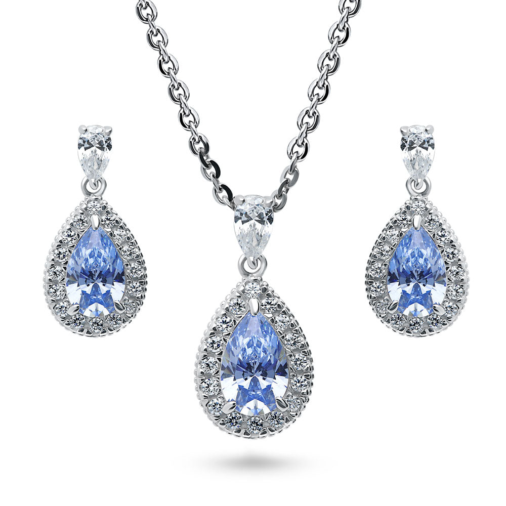 Halo Pear CZ Necklace and Earrings in Sterling Silver