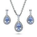 Halo Pear CZ Necklace and Earrings in Sterling Silver, Blue