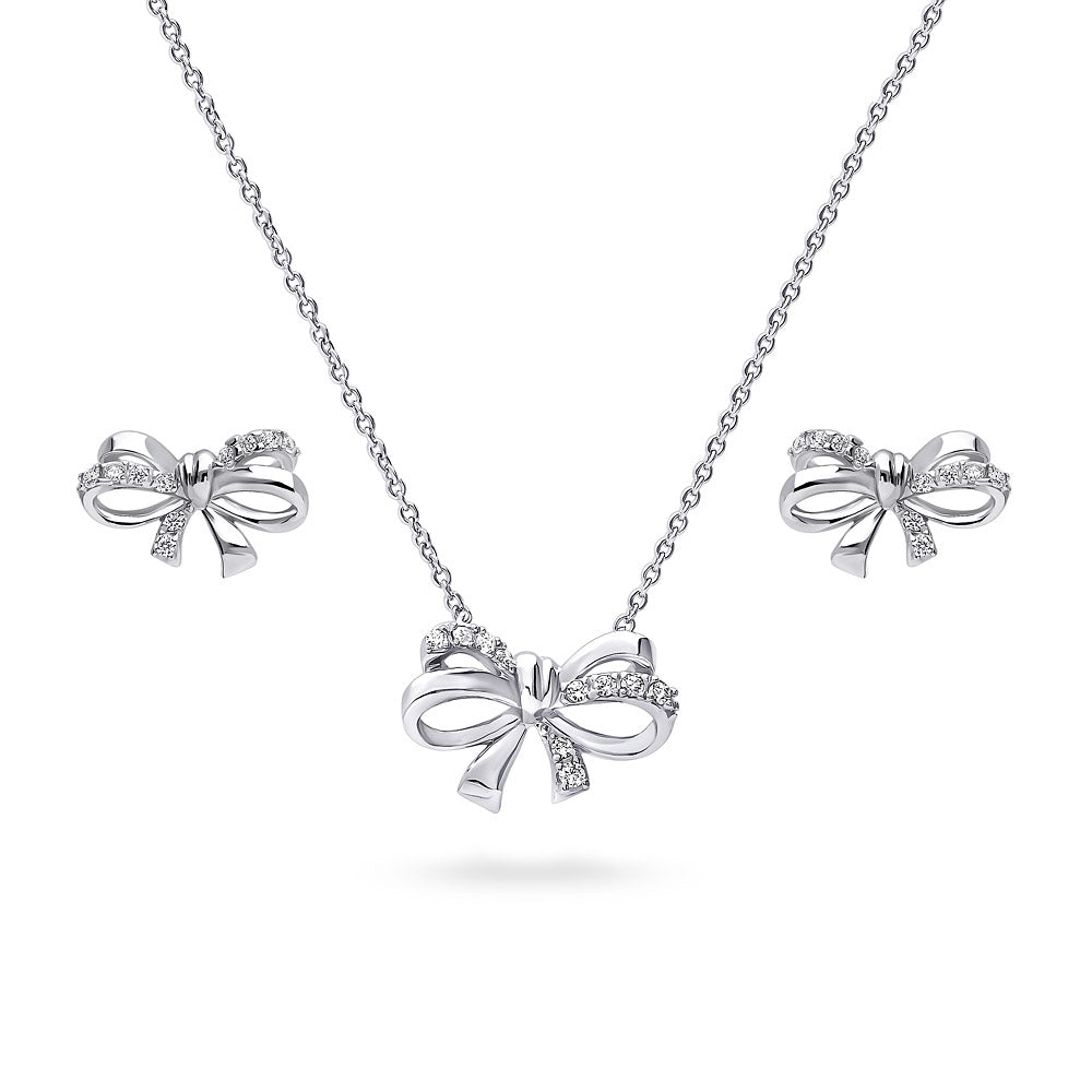 Bow Tie Ribbon Necklace and Earrings in Sterling Silver, Style 2