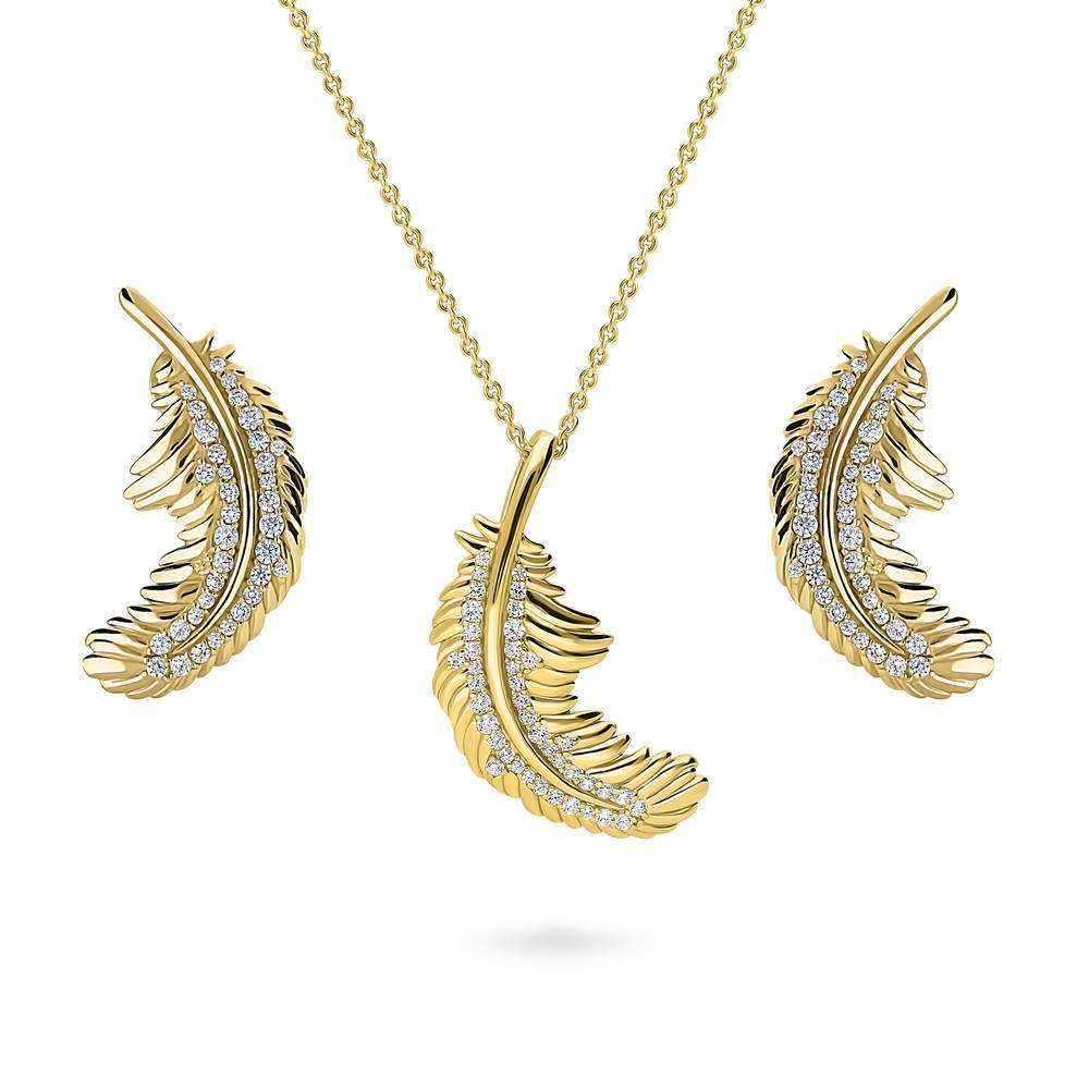 Feather CZ Necklace and Earrings in Sterling Silver, Yellow Gold Flashed