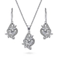 Heart Flower CZ Necklace and Earrings in Sterling Silver, Clear