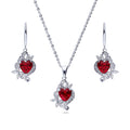 Heart Flower CZ Necklace and Earrings in Sterling Silver, Ruby