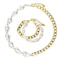 Imitation Pearl Curb Chain Bracelet and Necklace, 2 Piece, Yellow Gold Flashed