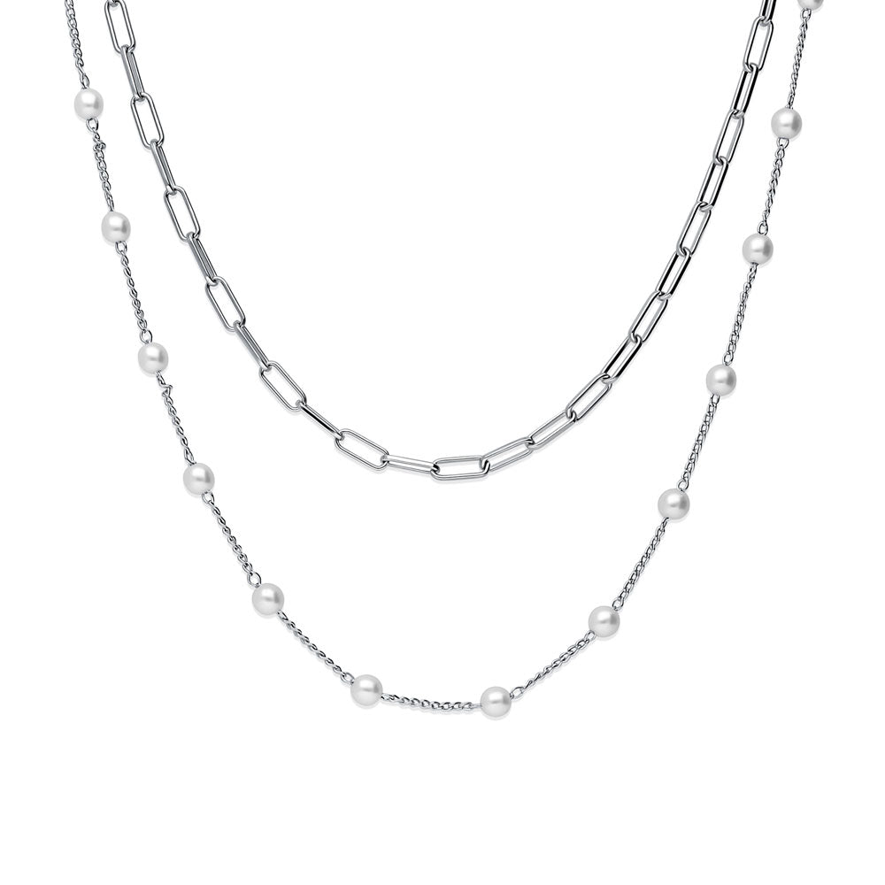 Paperclip Imitation Pearl Link Chain Necklace, 2 Piece, Rhodium Plated