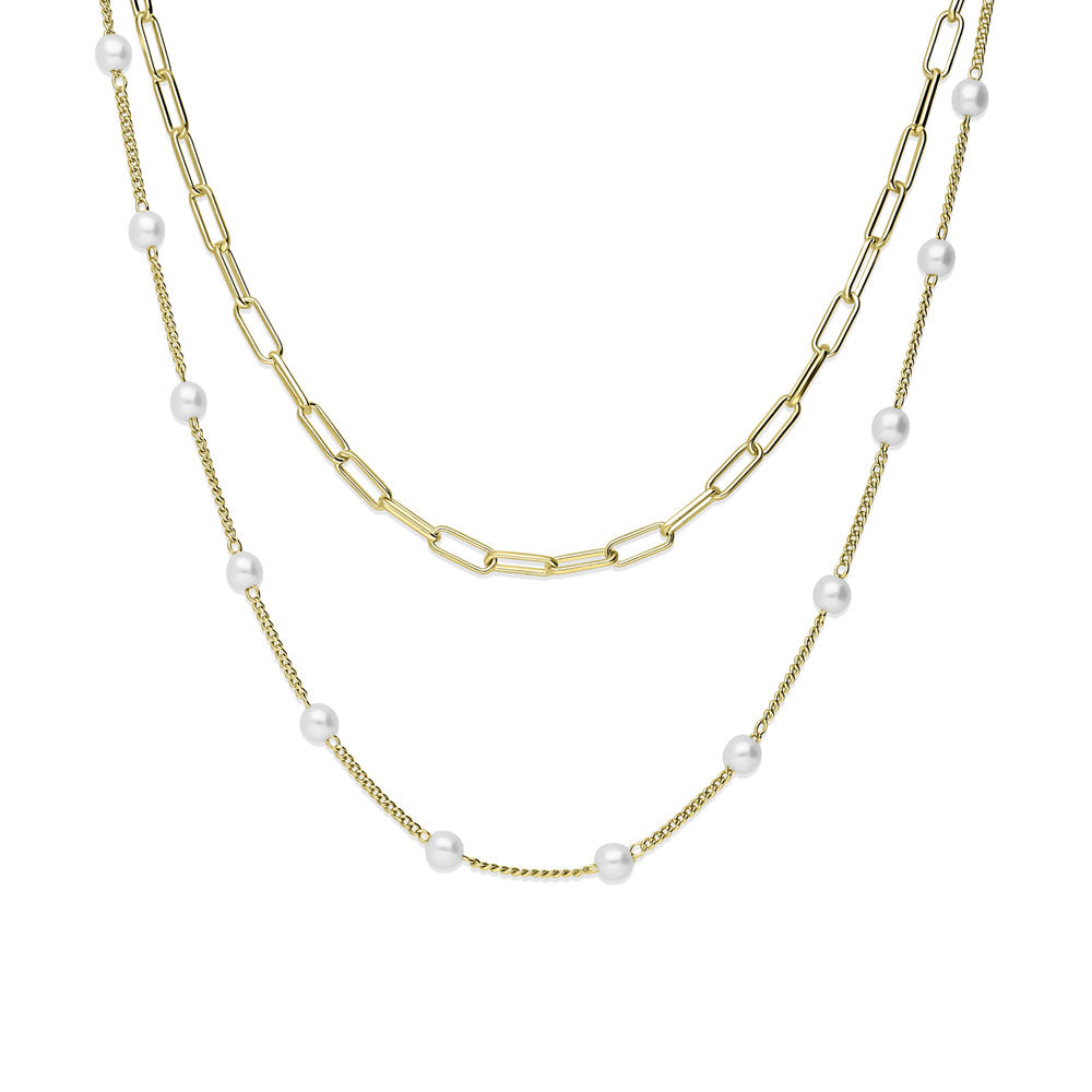 Paperclip Imitation Pearl Link Chain Necklace, 2 Piece, Yellow Gold Flashed