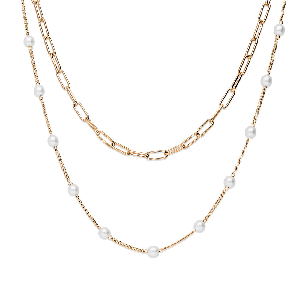 Paperclip Imitation Pearl Link Chain Necklace, 2 Piece, Rose Gold Flashed