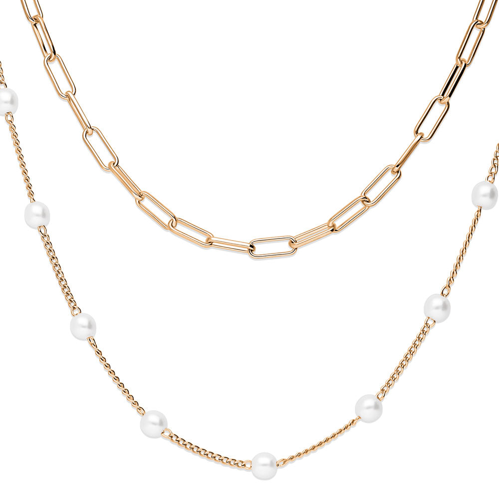 Front view of Paperclip Imitation Pearl Link Chain Necklace, 2 Piece, Rose Gold Flashed