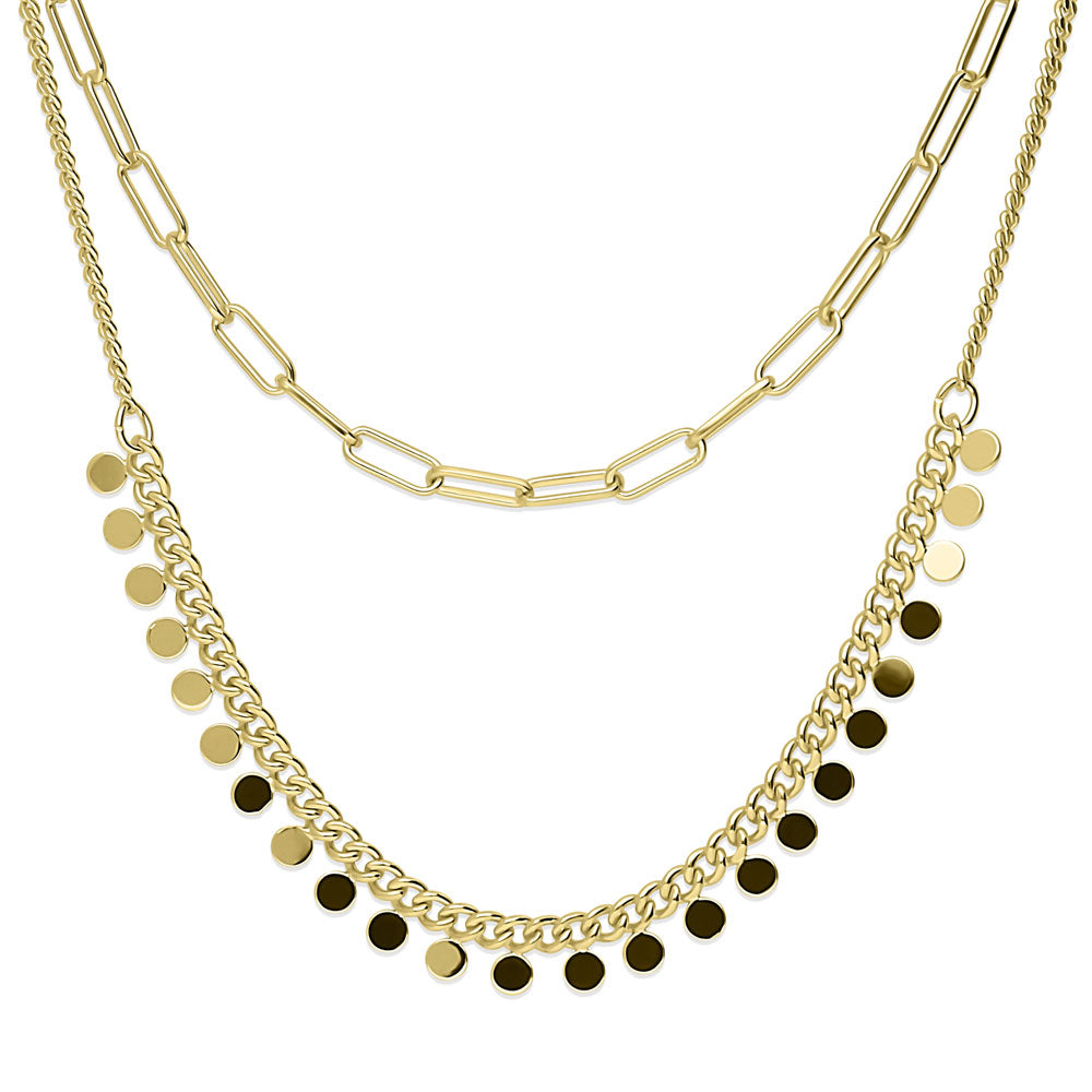 Front view of Paperclip Link Chain Necklace, 2 Piece, Yellow Gold Flashed