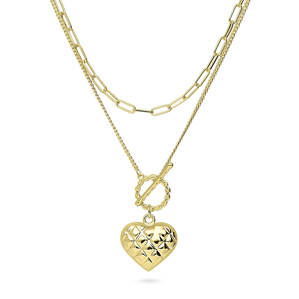 Front view of Heart Paperclip Chain Necklace, 2 Piece, Yellow Gold Flashed