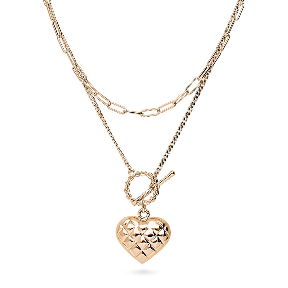 Front view of Heart Paperclip Chain Necklace, 2 Piece, Rose Gold Flashed