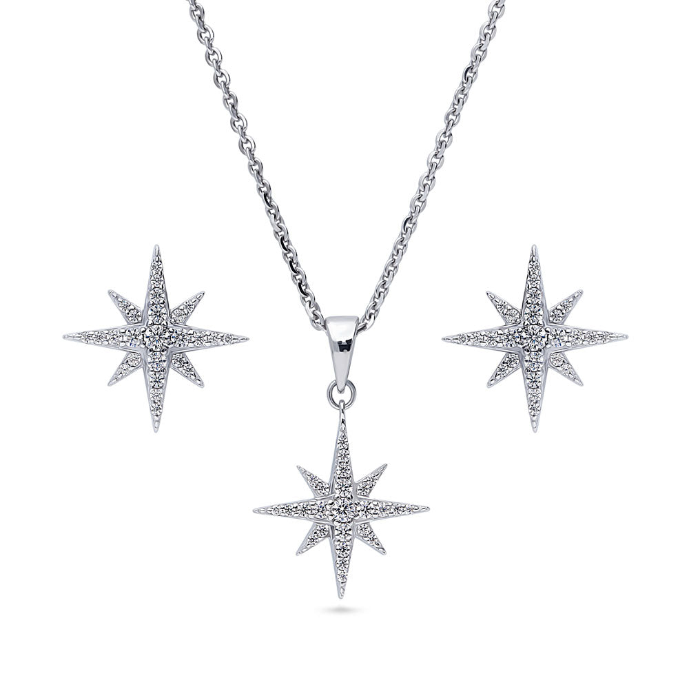 North Star CZ Necklace and Earrings in Sterling Silver, Rhodium Plated