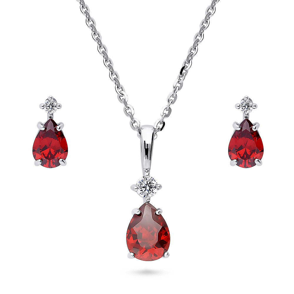 Solitaire Pear Cut Set in Sterling Silver, Garnet Color