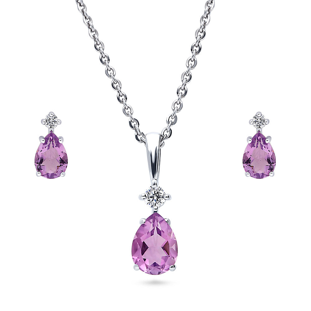 Solitaire Pear Cut Set in Sterling Silver, Purple Color