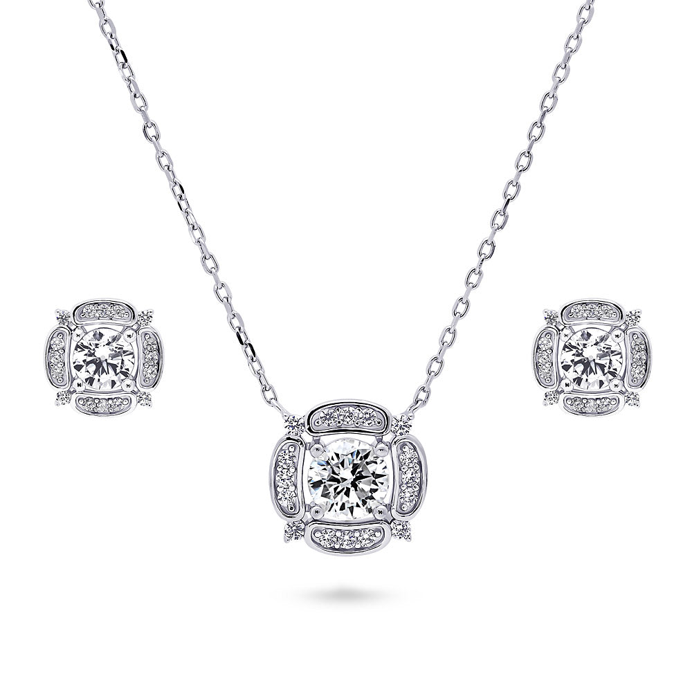 Flower Halo CZ Necklace and Earrings in Sterling Silver