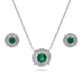 Flower Halo CZ Necklace and Earrings in Sterling Silver, Emerald Color