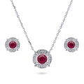 Flower Halo CZ Necklace and Earrings in Sterling Silver, Ruby Color