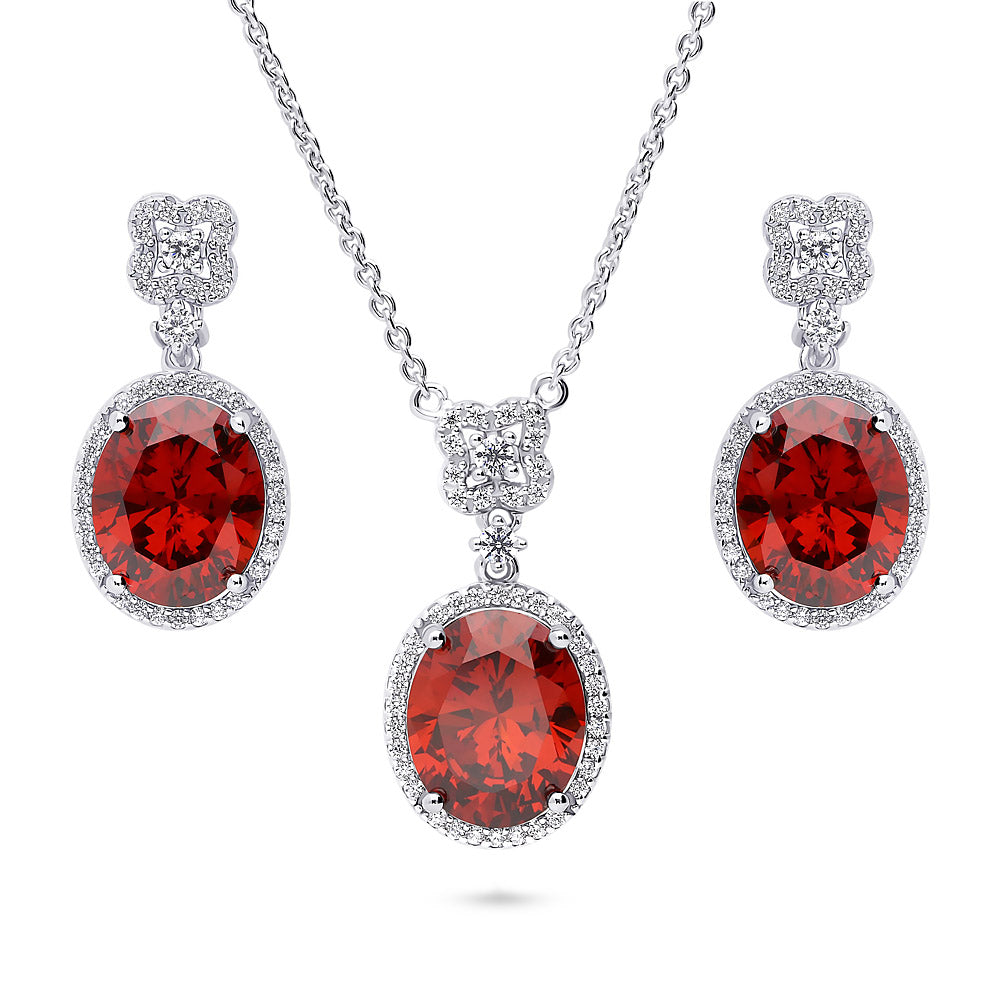 Halo Clover Oval CZ Set in Sterling Silver, Red Color