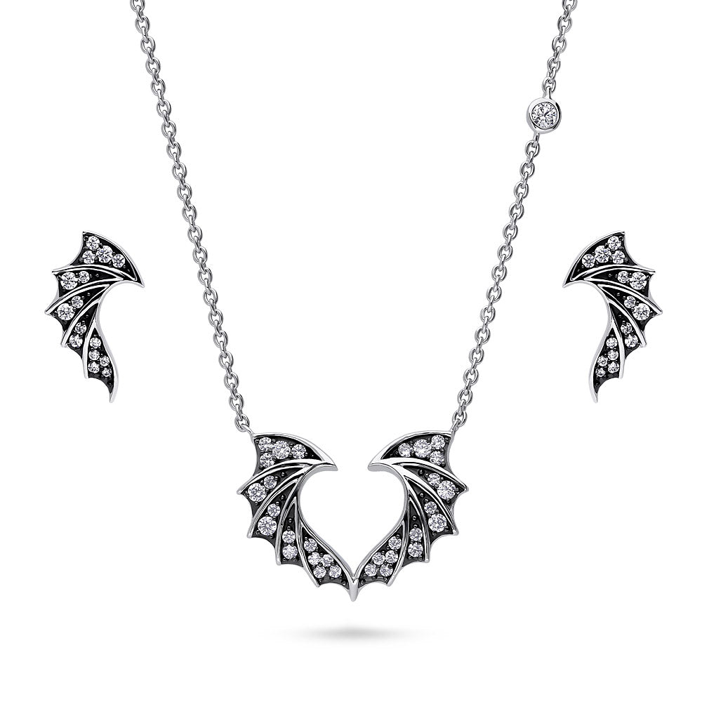 Bat Wings CZ Necklace and Earrings in Sterling Silver, 1 of 8