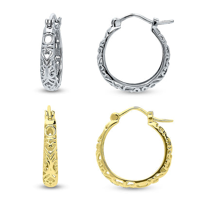 Filigree Hoop Earrings in Gold Flashed Sterling Silver, 2 Pairs