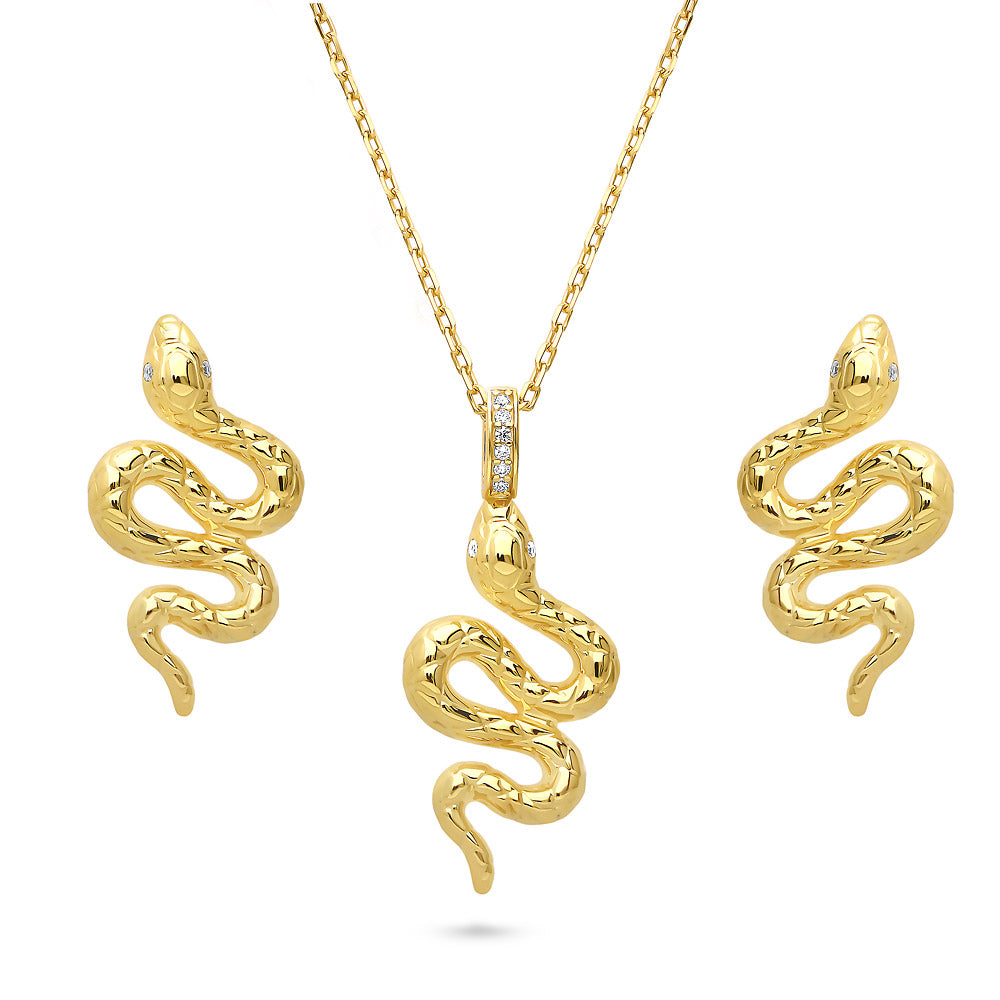 Snake CZ Necklace and Earrings in Sterling Silver, Yellow Gold Flashed