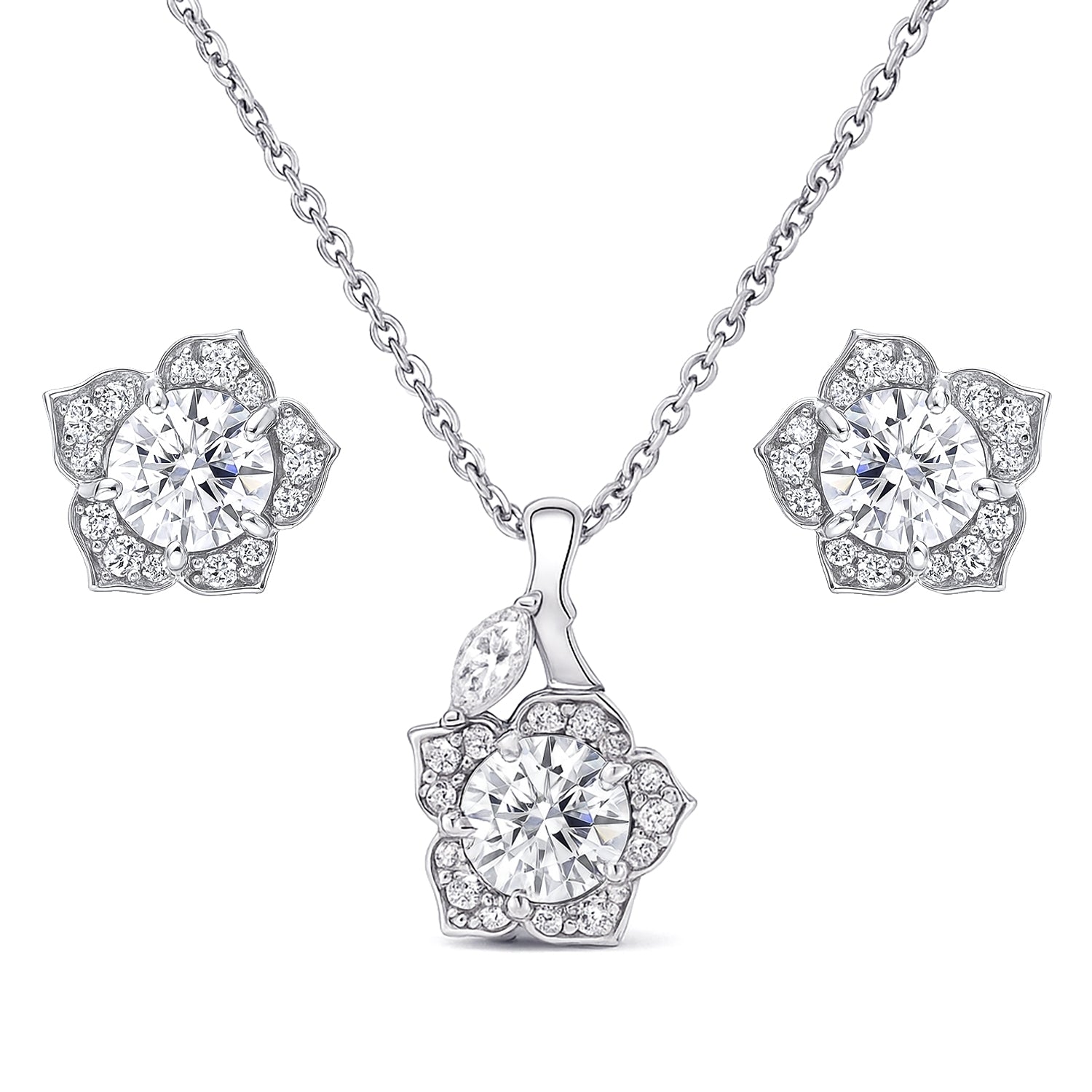 Flower Halo CZ Necklace and Earrings in Sterling Silver, 1 of 9