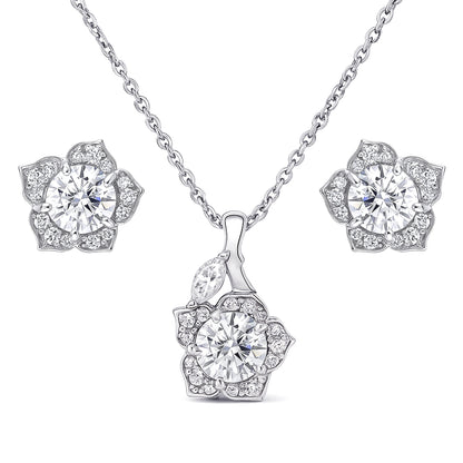 Flower Halo CZ Necklace and Earrings in Sterling Silver