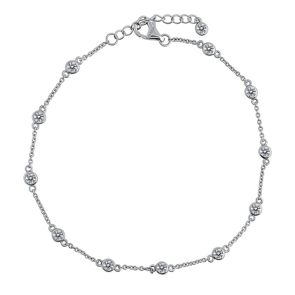 Station CZ Rolo Chain Station Anklet in Sterling Silver