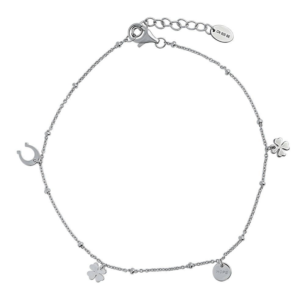 Clover Coin Charm Anklet in Sterling Silver