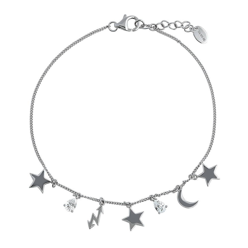 Star Crescent Moon CZ Charm Anklet in Sterling Silver