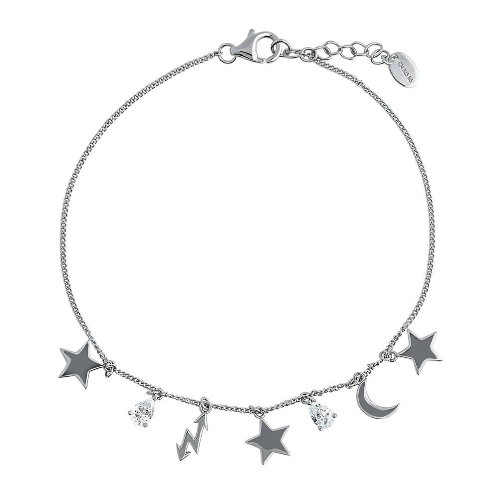 Star Crescent Moon CZ Rolo Chain Charm Anklet in Sterling Silver, 1 of 1