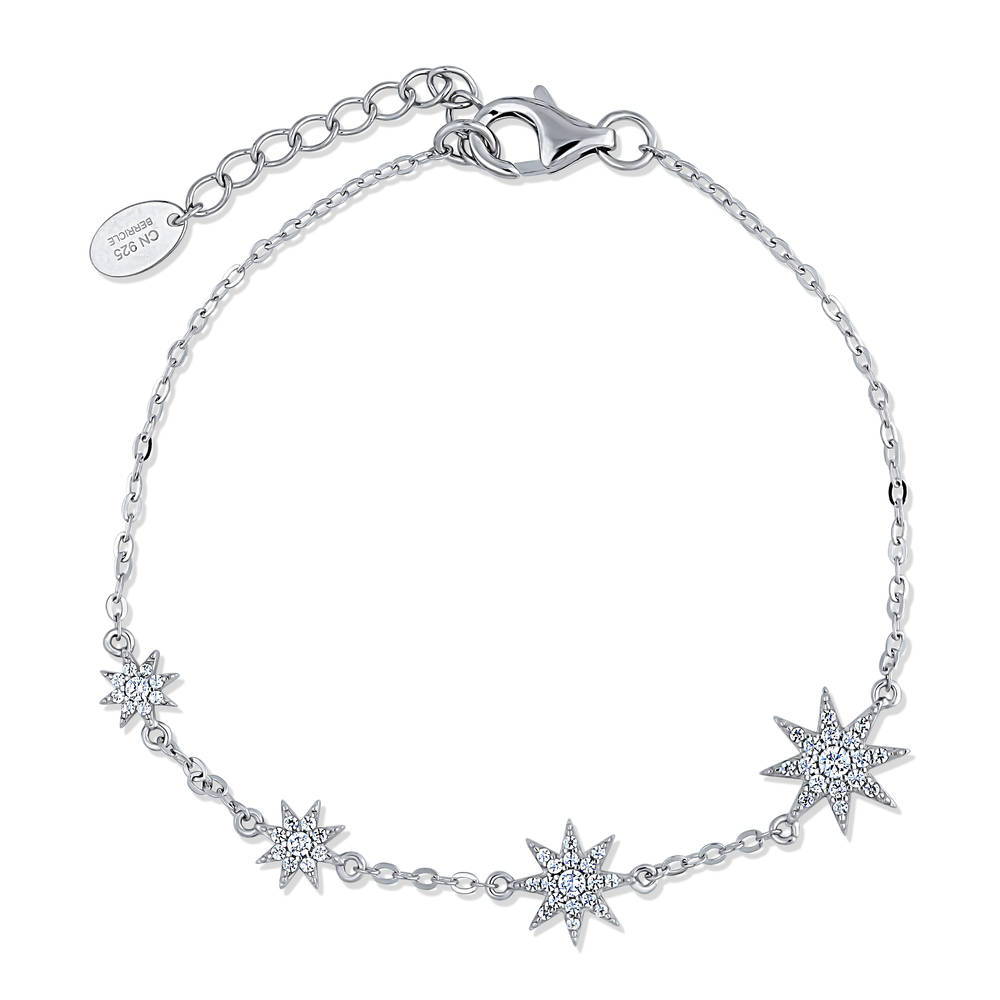 Starburst CZ Rolo Chain Bracelet in Sterling Silver