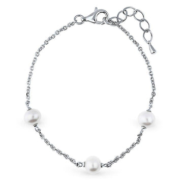 Bead White Round Cultured Pearl Chain Bracelet in Sterling Silver