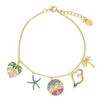 Starfish Palm Tree CZ Charm Bracelet in Gold Flashed Sterling Silver
