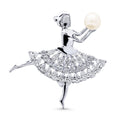 Dancing Ballerina Button Cultured Pearl Pin in Sterling Silver, Rhodium Plated