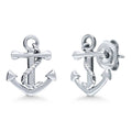 Anchor Stud Earrings in Sterling Silver, Rhodium Plated