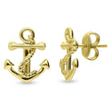 Anchor Stud Earrings in Sterling Silver, Yellow Gold Flashed