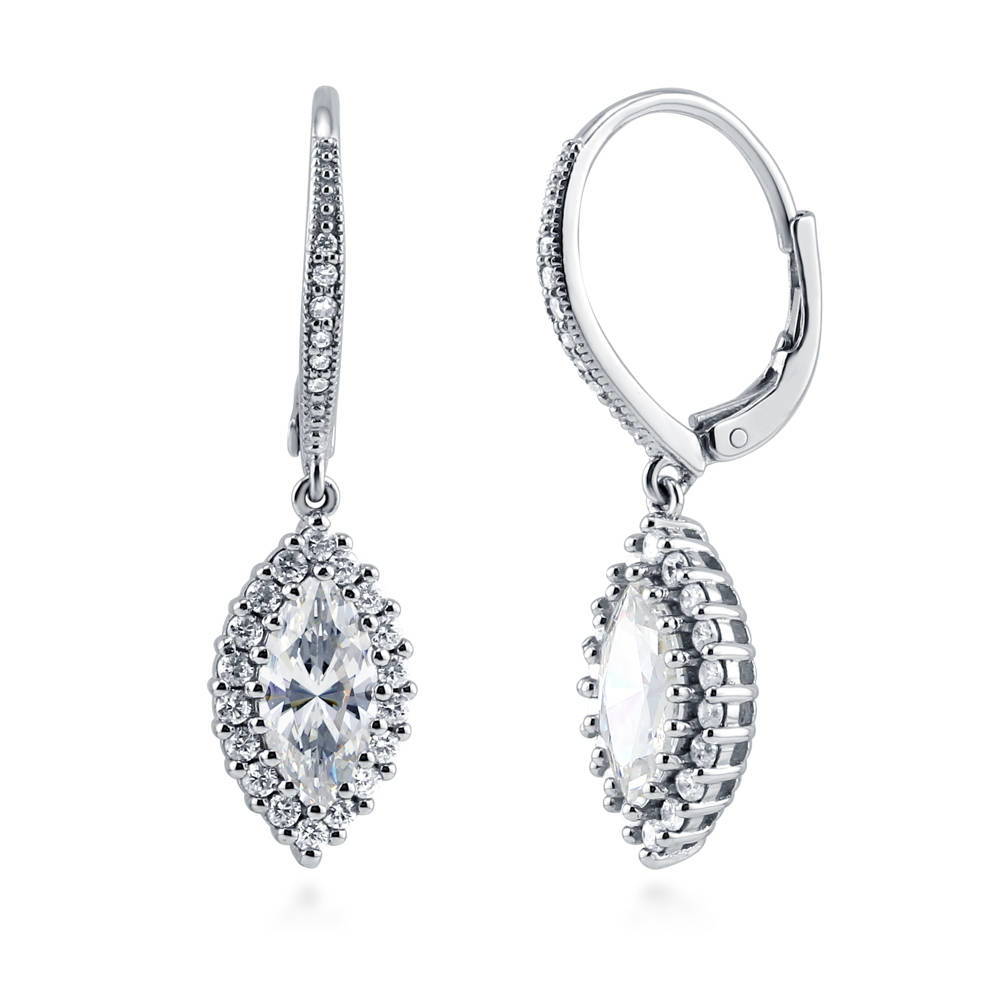 Halo Marquise CZ Leverback Dangle Earrings in Sterling Silver