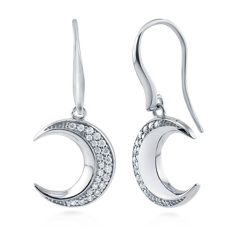 Crescent Moon CZ Fish Hook Dangle Earrings in Sterling Silver