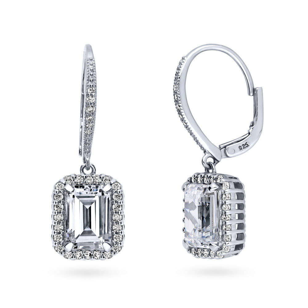 Halo Emerald Cut CZ Necklace and Earrings Set in Sterling Silver