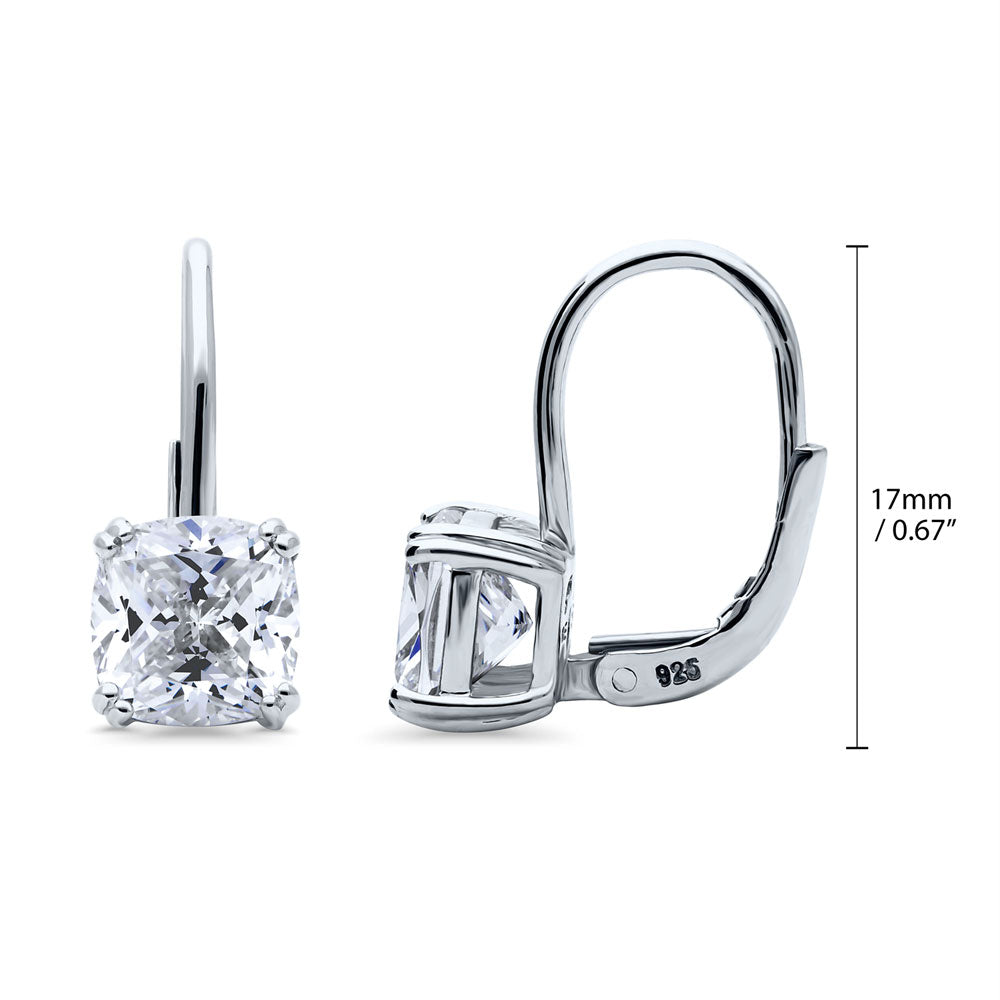 Solitaire 4ct Cushion CZ Leverback Dangle Earrings in Sterling Silver