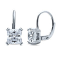 Solitaire 4ct Princess CZ Leverback Earrings in Sterling Silver, Rhodium Plated