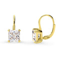 Solitaire 4ct Princess CZ Leverback Earrings in Sterling Silver, Yellow Gold Flashed