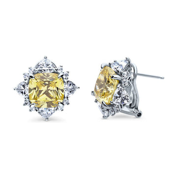 Halo Canary Cushion CZ Omega Back Stud Earrings in Sterling Silver