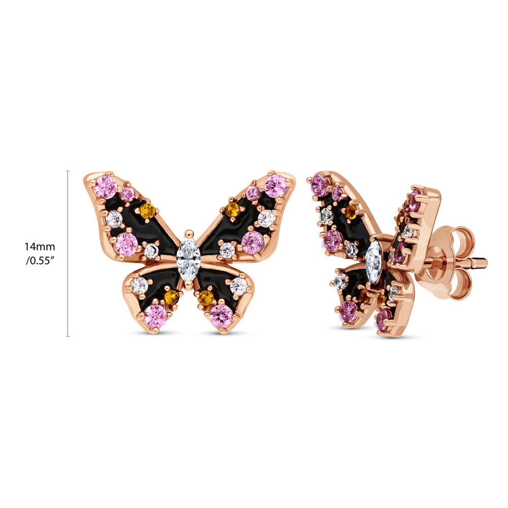 Butterfly Enamel CZ Stud Earrings in Rose Gold Flashed Sterling Silver