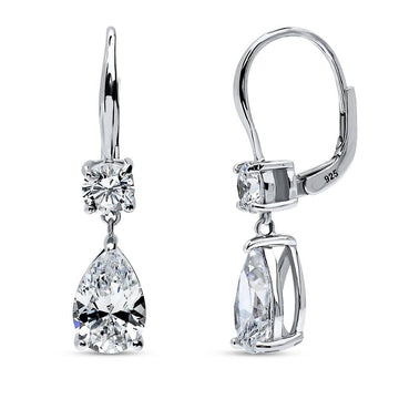 Solitaire 3.6ct Pear CZ Leverback Dangle Earrings in Sterling Silver