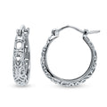 Filigree Medium Hoop Earrings in Sterling Silver 0.75 inch, Rhodium Plated