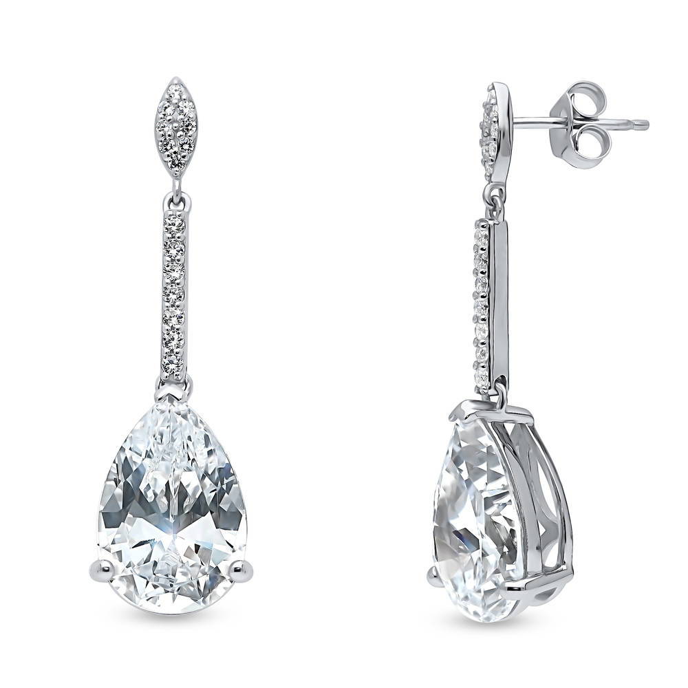 Solitaire 11.4ct Pear CZ Earrings in Sterling Silver, 1 of 4