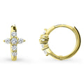 Front view of Cross CZ Small Huggie Earrings in Sterling Silver 0.5 inch, Yellow Gold Flashed