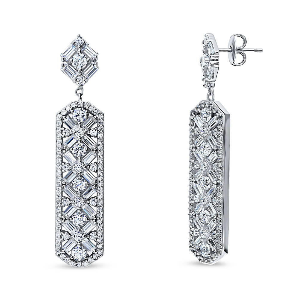 Bar Art Deco CZ Statement Dangle Earrings in Sterling Silver
