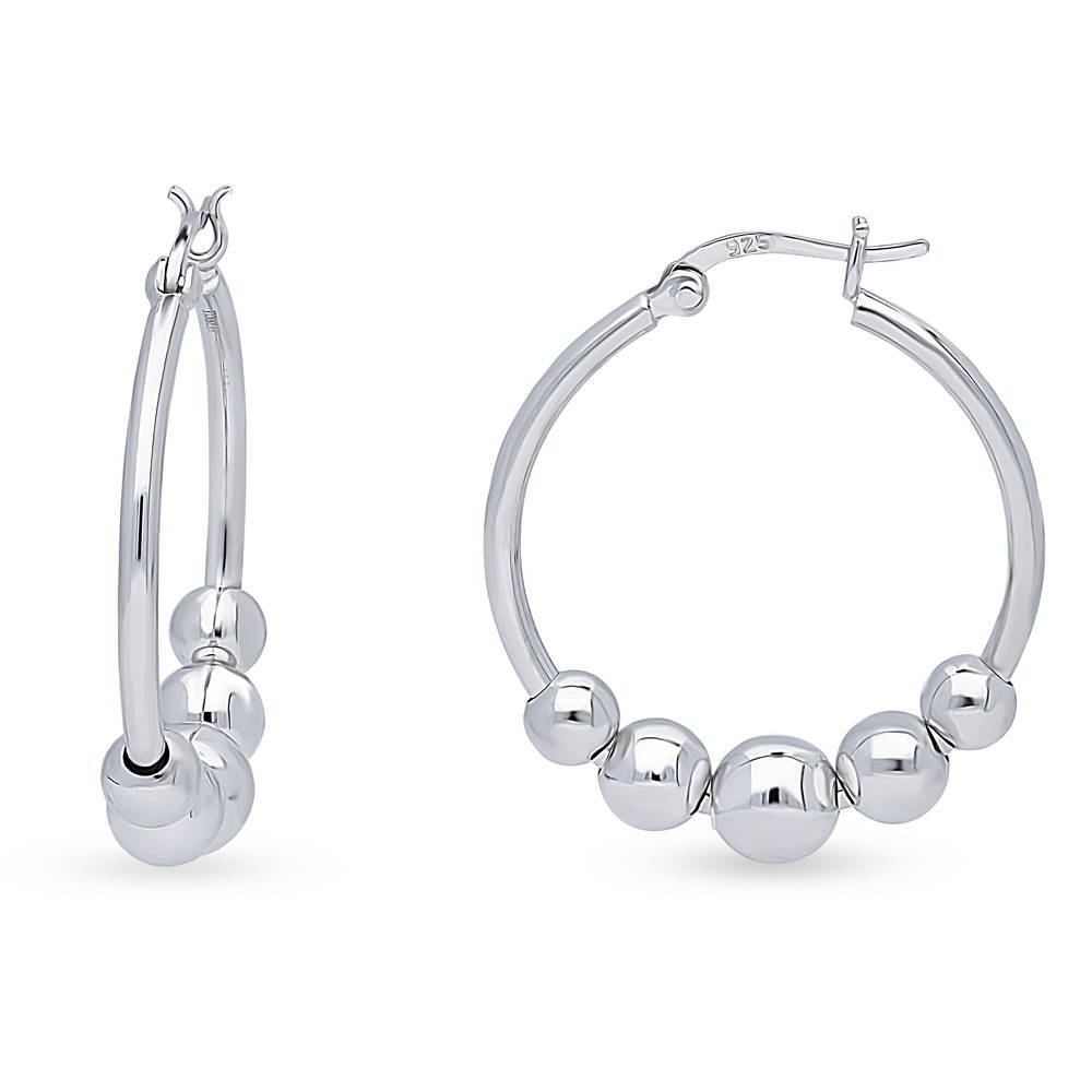 Ball Bead Medium Hoop Earrings in Sterling Silver 1.1"